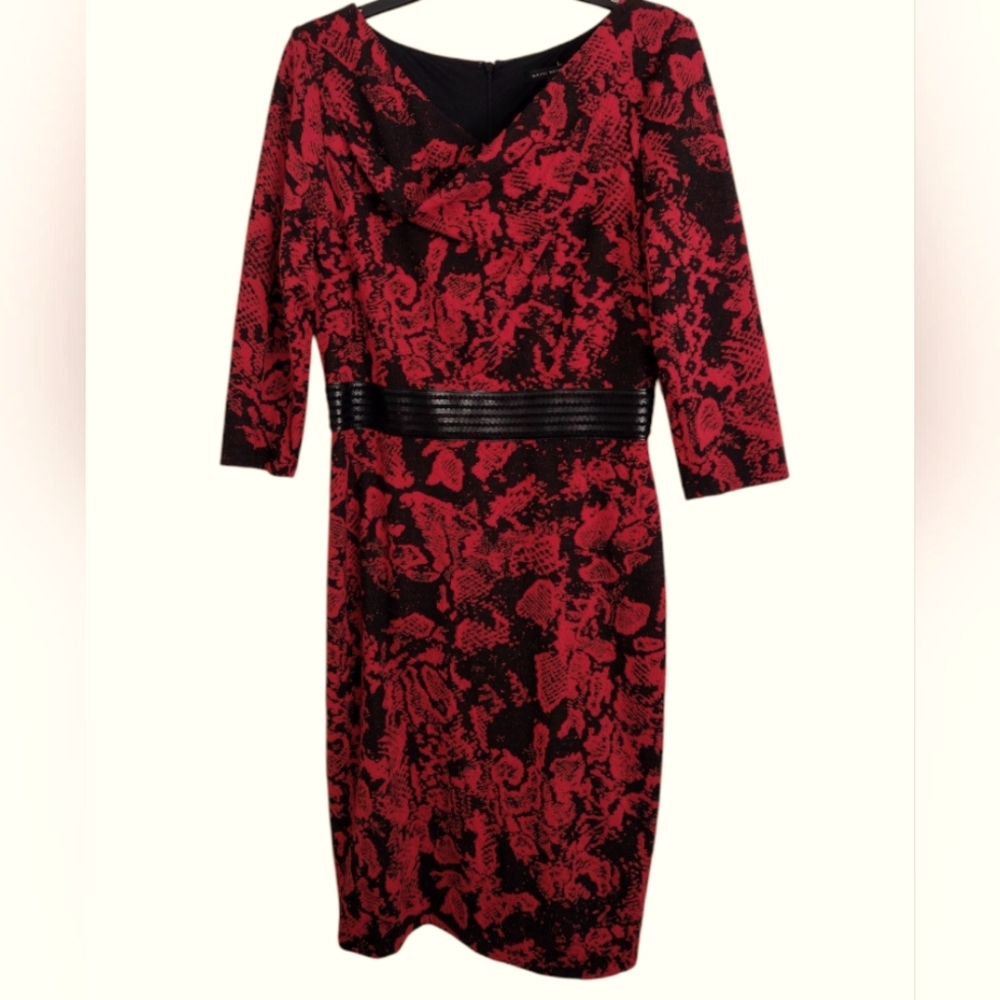 David Meister Red Black Embroidery Style Floral Dress Leather Trim Belt Size 10